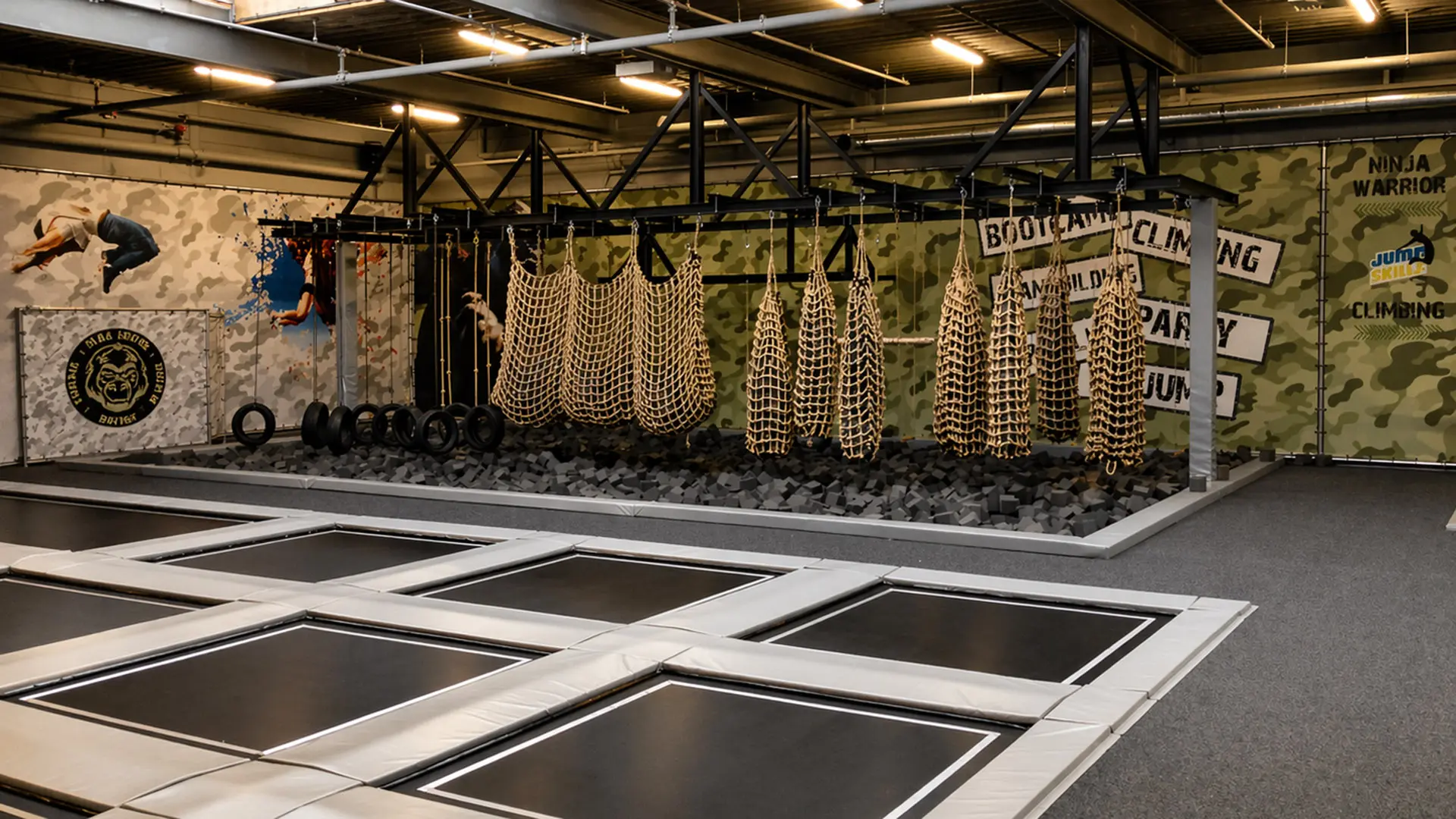 Trampoline arena with ninja course