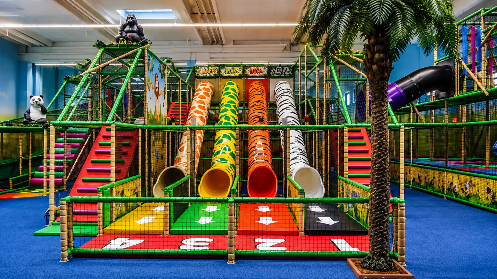 leos slides Animal printed tube slides in a indoor play center